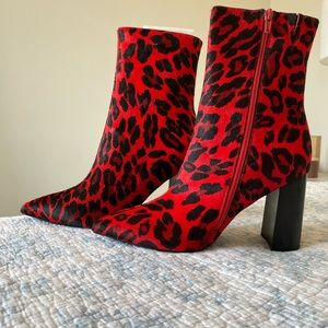 Jeffrey Campbell Siren-3F Calf Hair Pointed Ankle Boot in Red Cheetah Print